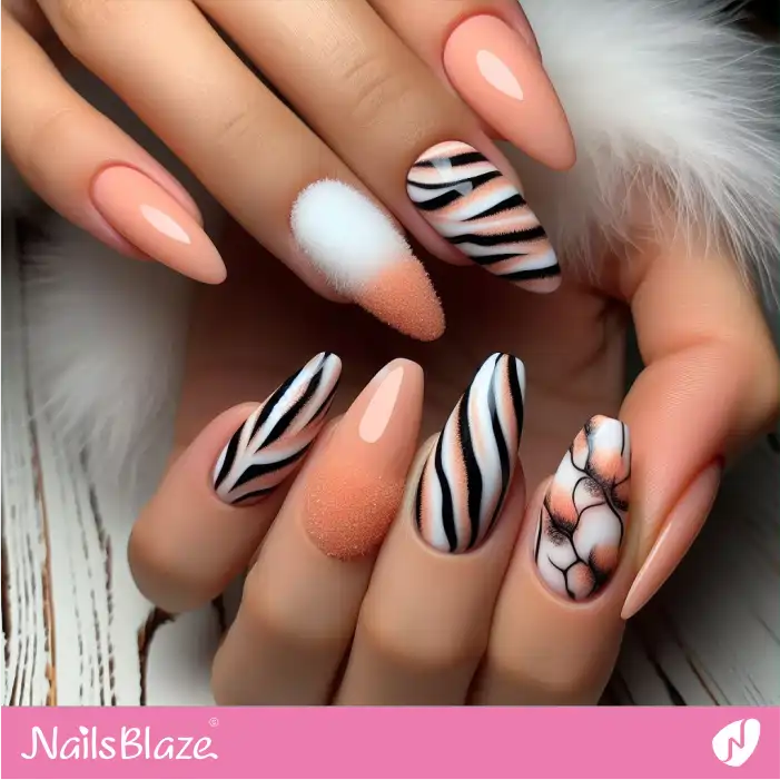 Zebra Print on Embellished Peach Fuzz and White Nails | Animal Print Nails - NB2476
